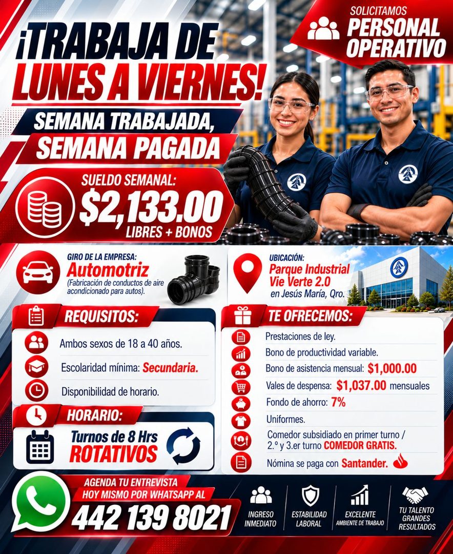 Banner del anuncio de la vacante: ¡TRABAJA DE · LUNES A VIERNES! · SEMANA TRABAJADA, · SEMANA PAGADA · SUELDO SEMANAL: · $2,133.00 · GIRO DE LA EMPRESA: · Automotriz · (Fabri