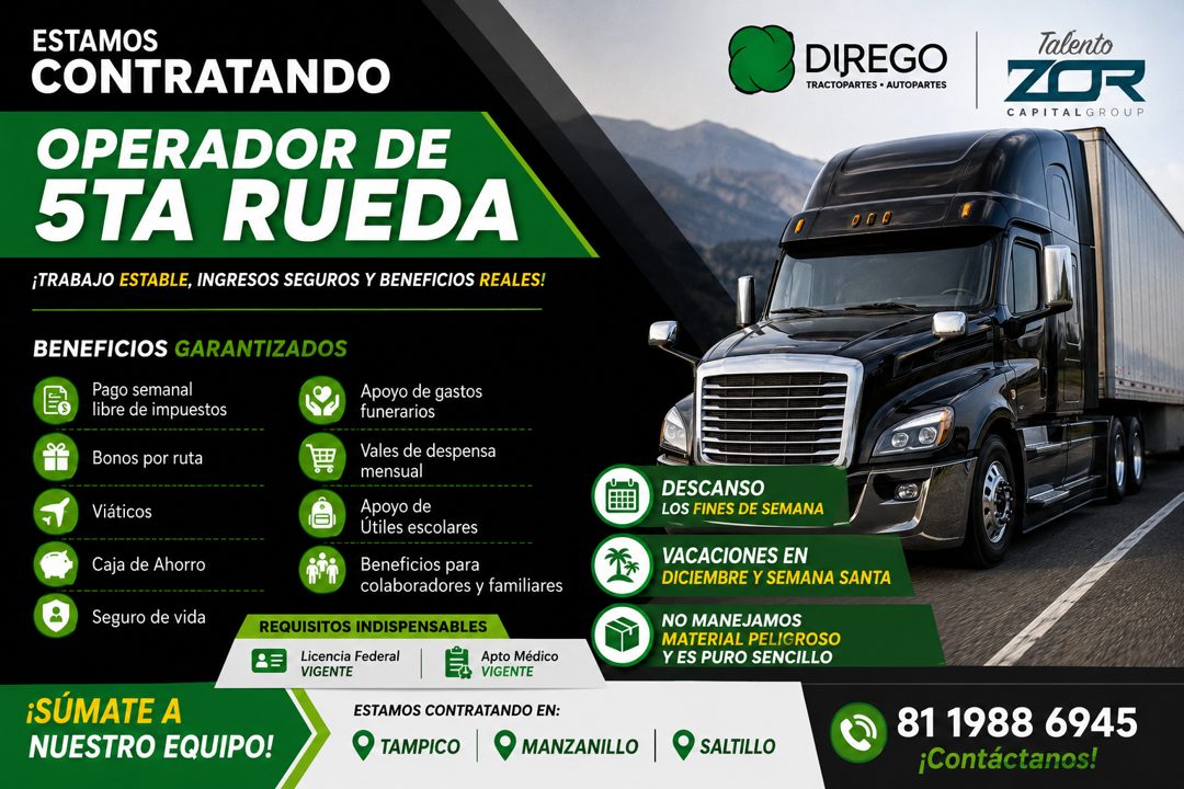 Banner del anuncio de la vacante: ESTAMOS · CONTRATANDO · OPERADOR DE · 5TA RUEDA · ¡TRABAJO ESTABLE, INGRESOS SEGUROS Y BENEFICIOS REALES! · DIREGO · TRACTOPARTES • AUTOPART