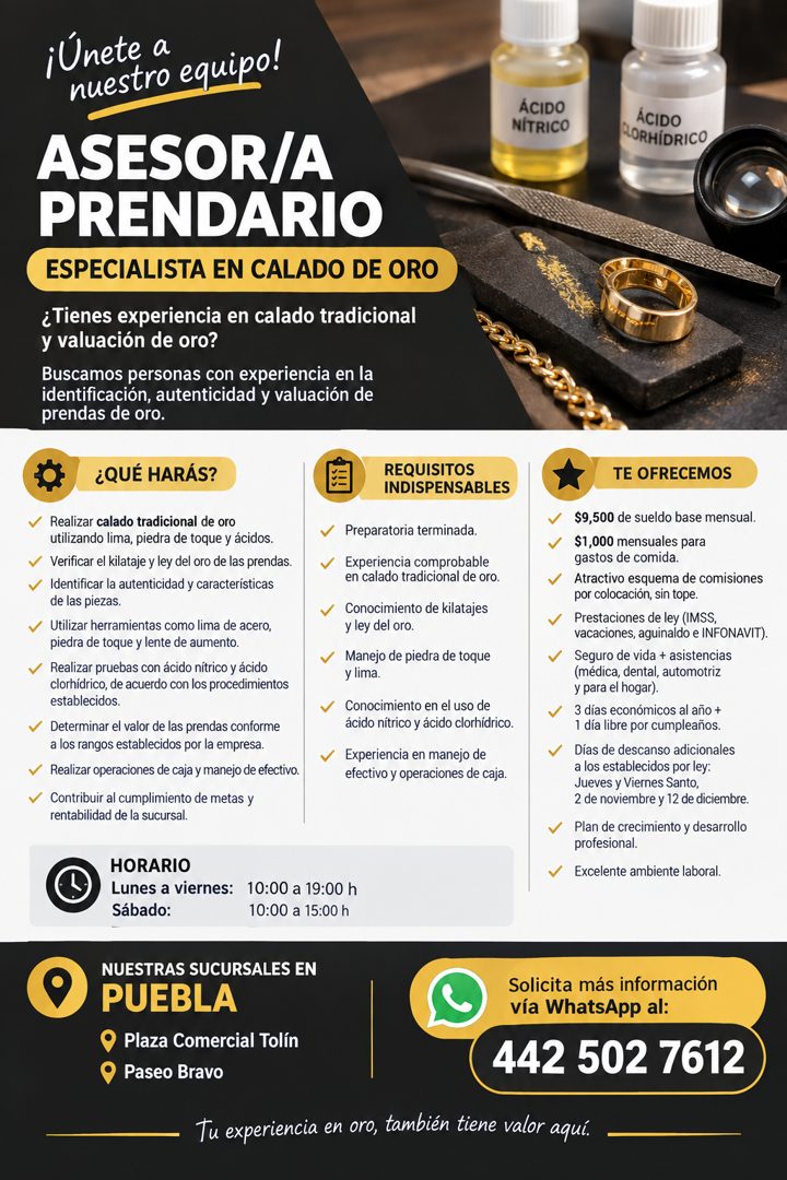 Banner del anuncio de la vacante: ¡Únete a · nuestro equipo! · ASESOR/A · PRENDARIO · ESPECIALISTA EN CALADO DE ORO · ¿Tienes experiencia en calado tradicional · y valuación 