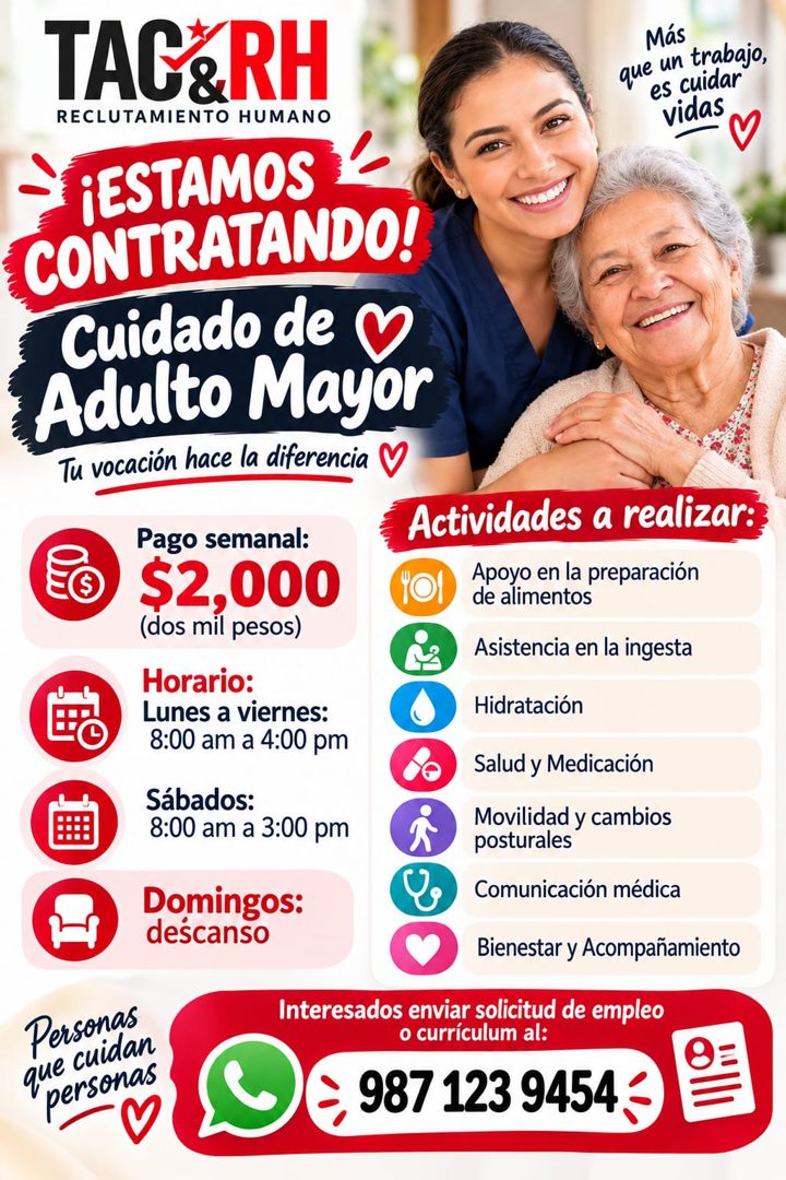 Banner del anuncio de la vacante: TAC&RH · RECLUTAMIENTO HUMANO · ¡ESTAMOS · CONTRATANDO! · Cuidado de · Adulto Mayor · Tu vocación hace la diferencia · Pago semanal: · $2,00