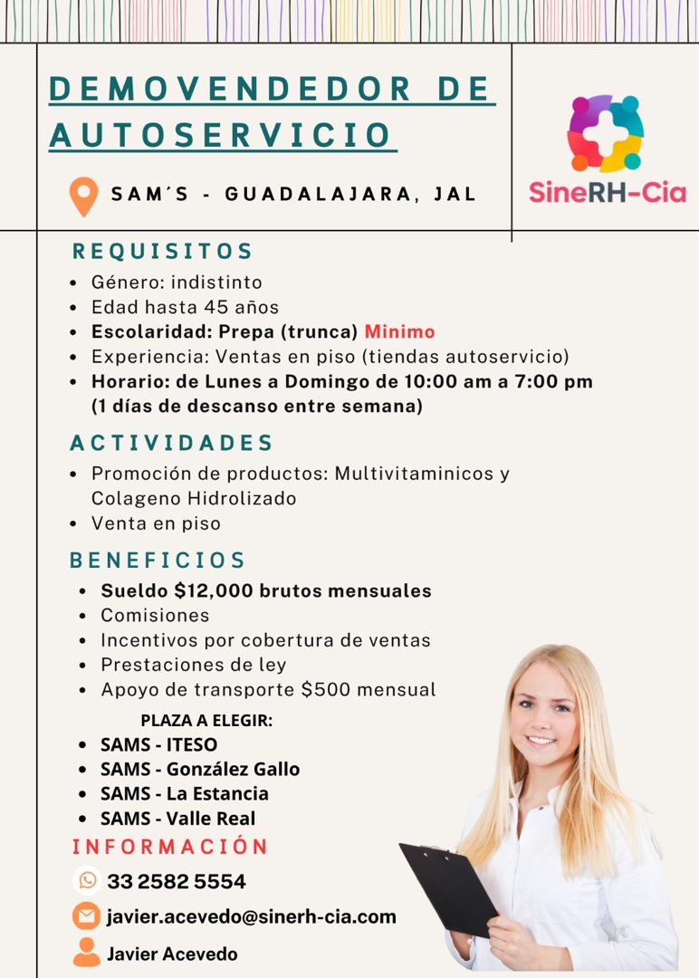 Banner del anuncio de la vacante: DEMOVENDEDOR DE · AUTOSERVICIO · SAM'S - GUADALAJARA, JAL · REQUISITOS · • Género: indistinto · • Edad hasta 45 años · • Escolaridad: Prepa 
