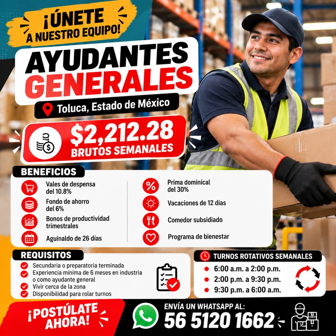 Banner del anuncio de la vacante: ¡ÚNETE · A NUESTRO EQUIPO! · AYUDANTES · GENERALES · Toluca, Estado de México · $2,212.28 · BRUTOS SEMANALES · BENEFICIOS · Vales de despens