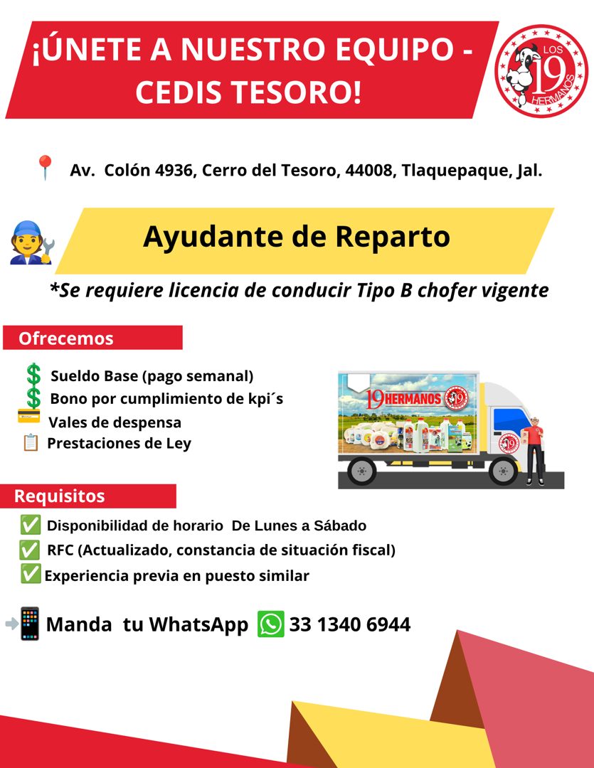 Banner del anuncio de la vacante: ¡ÚNETE A NUESTRO EQUIPO - · CEDIS TESORO! · * · * · .* · LOS · 9 · HERMES · * · Av. Colón 4936, Cerro del Tesoro, 44008, Tlaquepaque, Jal. ·