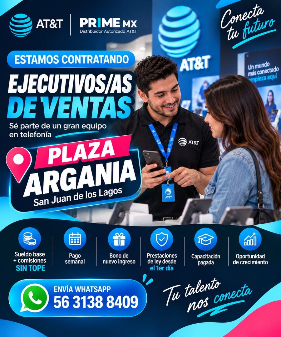 Banner del anuncio de la vacante: AT&T · PRIME MX · Distribuidor Autorizado AT&T · Conecta · tu futuro · ESTAMOS CONTRATANDO · EJECUTIVOS/AS · DE VENTAS · Sé parte de un gran