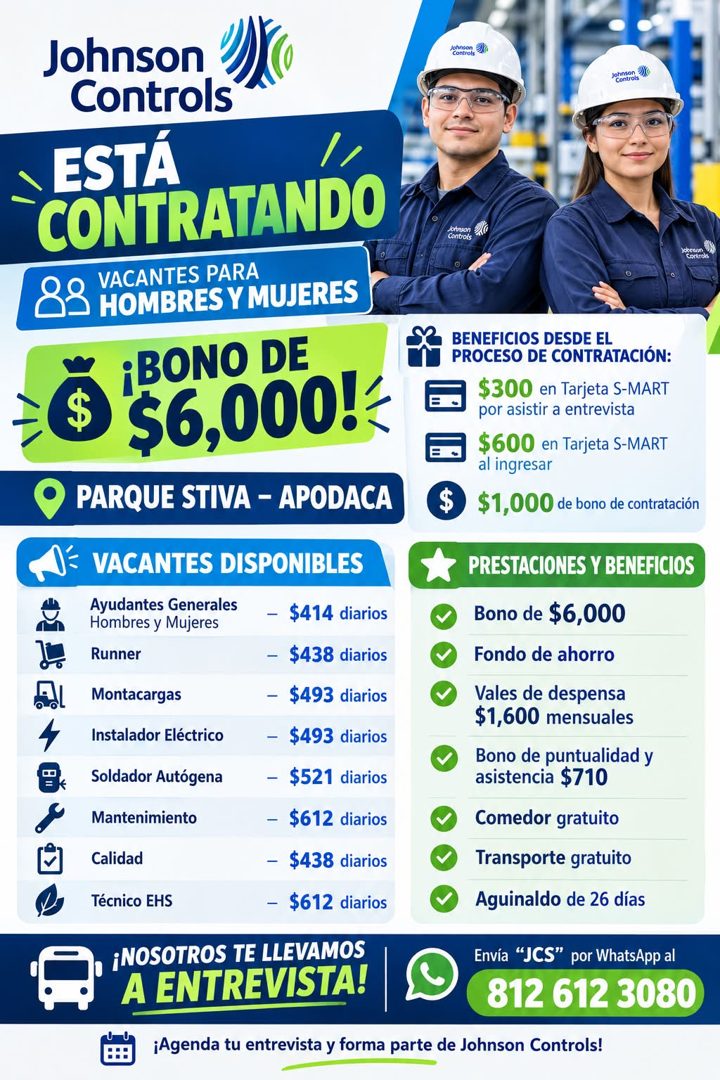 Banner del anuncio de la vacante: Johnson · Controls® · •ESTÁ · CONTRATANDO · VACANTES PARA · HOMBRES Y MUJERES · ¡BONO DE · $ · $6,000! · PARQUE STIVA - APODACA · € VACANTES