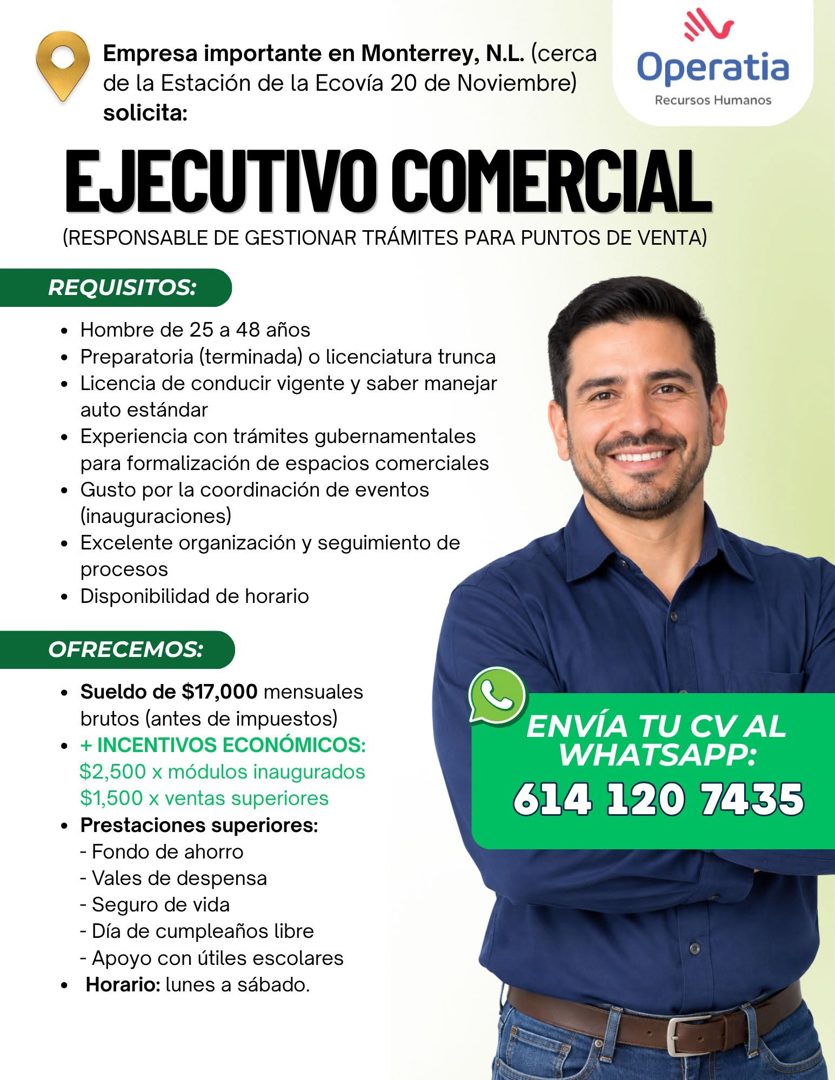 Banner del anuncio de la vacante: Empresa importante en Monterrey, N.L. (cerca · de la Estación de la Ecovía 20 de Noviembre) · solicita: · Operatia · Recursos Humanos · EJEC
