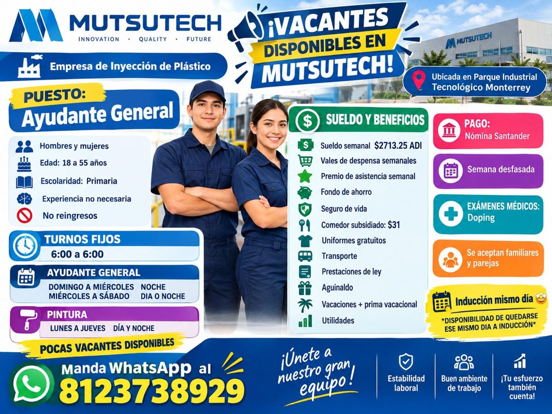 Banner del anuncio de la vacante: AMI MUTSUTECH · INNOVATION • QUALITY • FUTURE · Empresa de Inyección de Plástico · PUESTO: · Ayudante General · Hombres y mujeres · Edad: 18