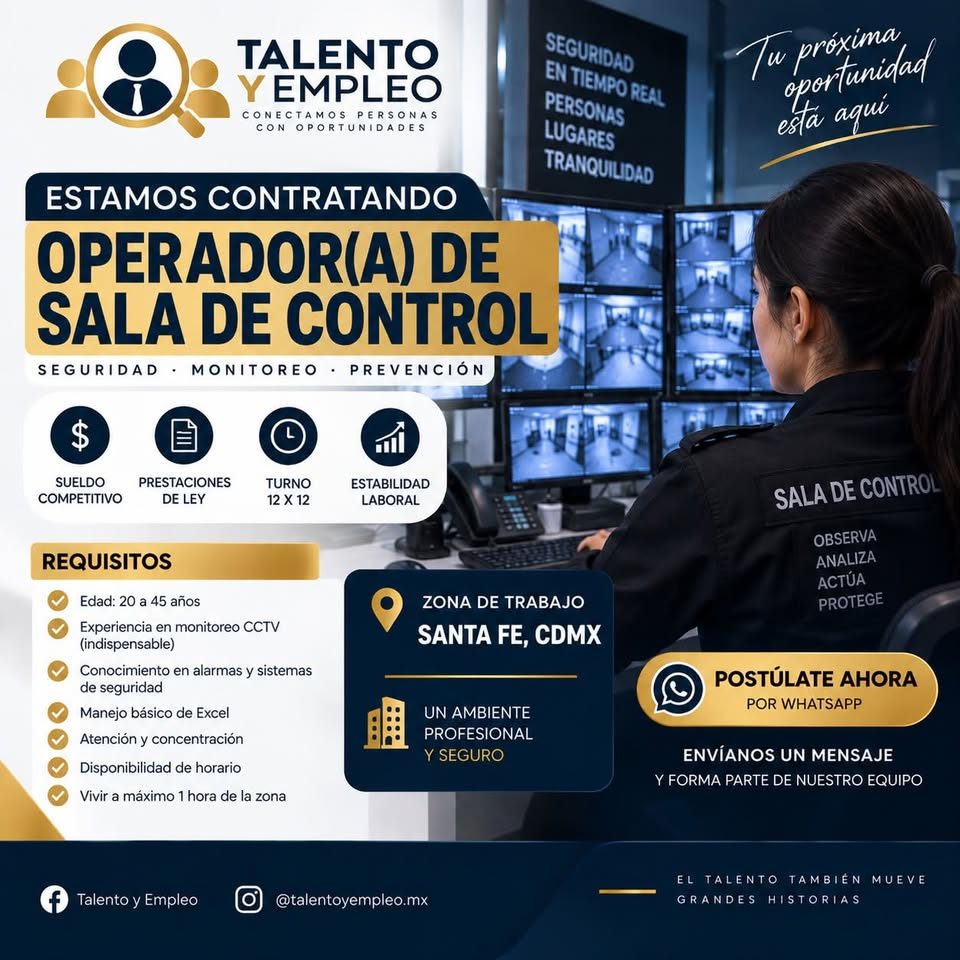 Banner del anuncio de la vacante: TALENTO · Y EMPLEO · CONECTAMOS PERSONAS · CON · OPORTUNIDADES · SEGURIDAD · EN TIEMPO REAL · PERSONAS · LUGARES · TRANQUILIDAD · Tu próxima