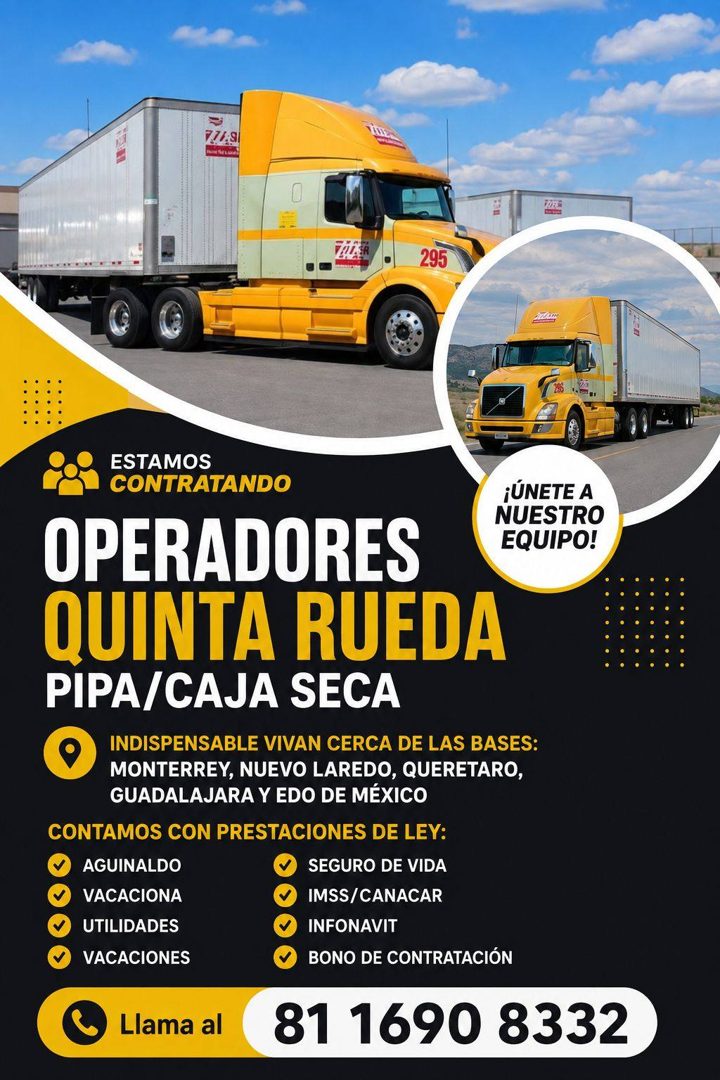 Banner del anuncio de la vacante: 295 · ESTAMOS · CONTRATANDO · ¡ÚNETE A · NUESTRO · EQUIPO! · OPERADORES · QUINTA RUEDA · PIPA/CAJA SECA · INDISPENSABLE VIVAN CERCA DE LAS B