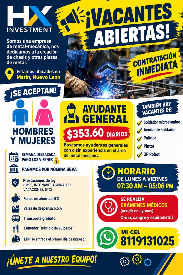 Banner del anuncio de la vacante: HX · INVESTMENT · Somos una empresa · de metal-mecánica, nos · dedicamos a la creación · de chasis y otras piezas · de metal. · Estamos ubic