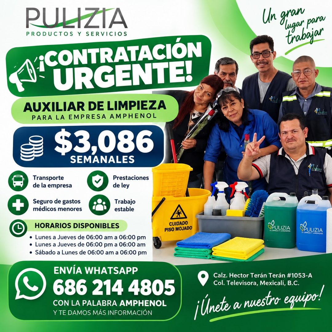 Banner del anuncio de la vacante: RULIZIA · PRODUCTOS Y SERVICIOS · CONTRATACIÓN · URGENTE · AUXILIAR DE LIMPIEZA · PARA LA EMPRESA AMPHENOL · $3,086 · SEMANALES · Transporte