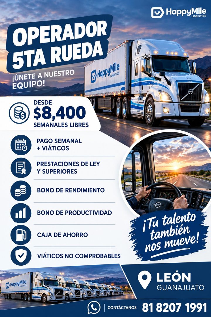 Banner del anuncio de la vacante: HappyMile · LOGISTICS · OPERADOR · 5TA RUEDA · ¡ÚNETE A NUESTRO · I HappyMile · LOGISTICS · EQUIPO! · DESDE · $8,400 · SEMANALES LIBRES · PA