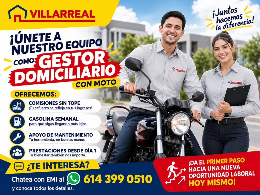 Banner del anuncio de la vacante: VILLARREAL · ¡UNETE A · NUESTRO EQUIPO · COMO GESTOR · DOMICILIARIO · CON MOTO · OFRECEMOS: · COMISIONES SIN TOPE · ¡Tu esfuerzo se refleja 