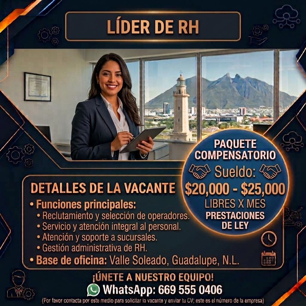 Banner del anuncio de la vacante: LÍDER DE RH · PAQUETE · COMPENSATORIO · Sueldo: · $20,000 - $25,000 · LIBRES X MES · PRESTACIONES · DE LEY · DETALLES DE LA VACANTE · • Func