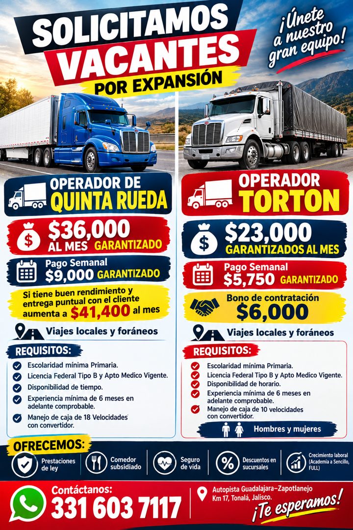 Banner del anuncio de la vacante: SOLICITAMOS · VACANTES · POR EXPANSIÓN · ¡Únete · a nuestro · gran equipo! · OPERADOR DE · QUINTA RUEDA · $ · $36,000 · AL MES · GARANTIZADO