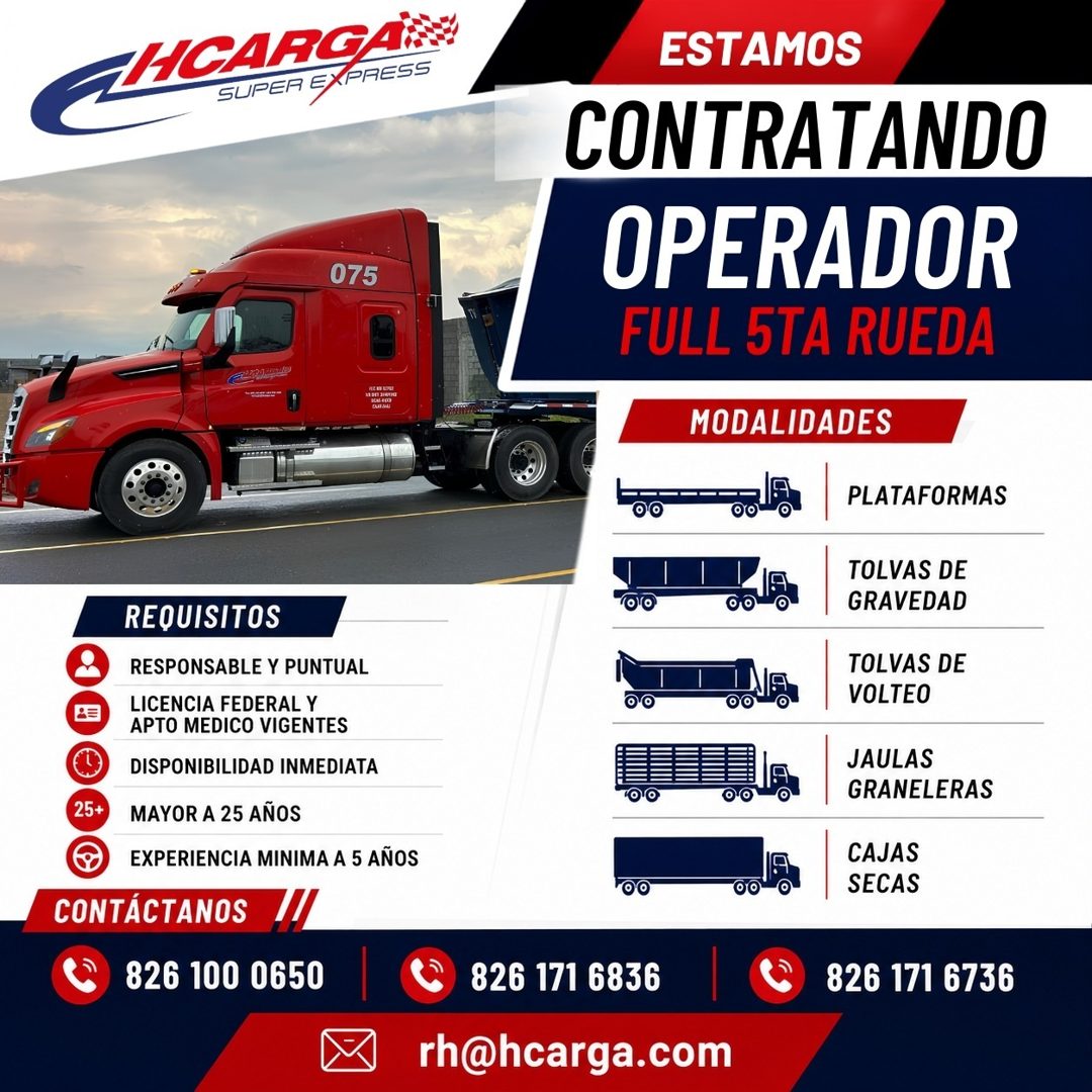 Banner del anuncio de la vacante: AHICARGA! · SUPER EXPRESS · 075 · ESTAMOS · CONTRATANDO · OPERADOR · FULL 5TA RUEDA · MODALIDADES · PLATAFORMAS · REQUISITOS · RESPONSABLE Y