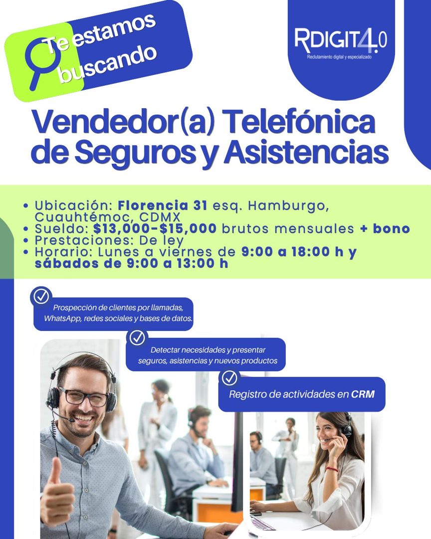 Banner del anuncio de la vacante: estamos · buscando · RDIGIT4.0 · eclutamiento digital y especia · Vendedor(a) Telefónica · de Seguros y Asistencias · • Ubicación: Florencia