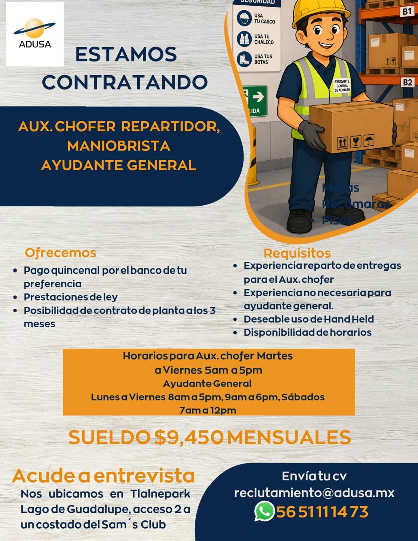 Banner del anuncio de la vacante: ADUSA · ESTAMOS · CONTRATANDO · OLOUNIDAD · USA · TU CASCO · USA TU · CHALECO · USA TUS · BOTAS · → · LIDA · B1 · AYUDANTE · GENERAL · DE AL