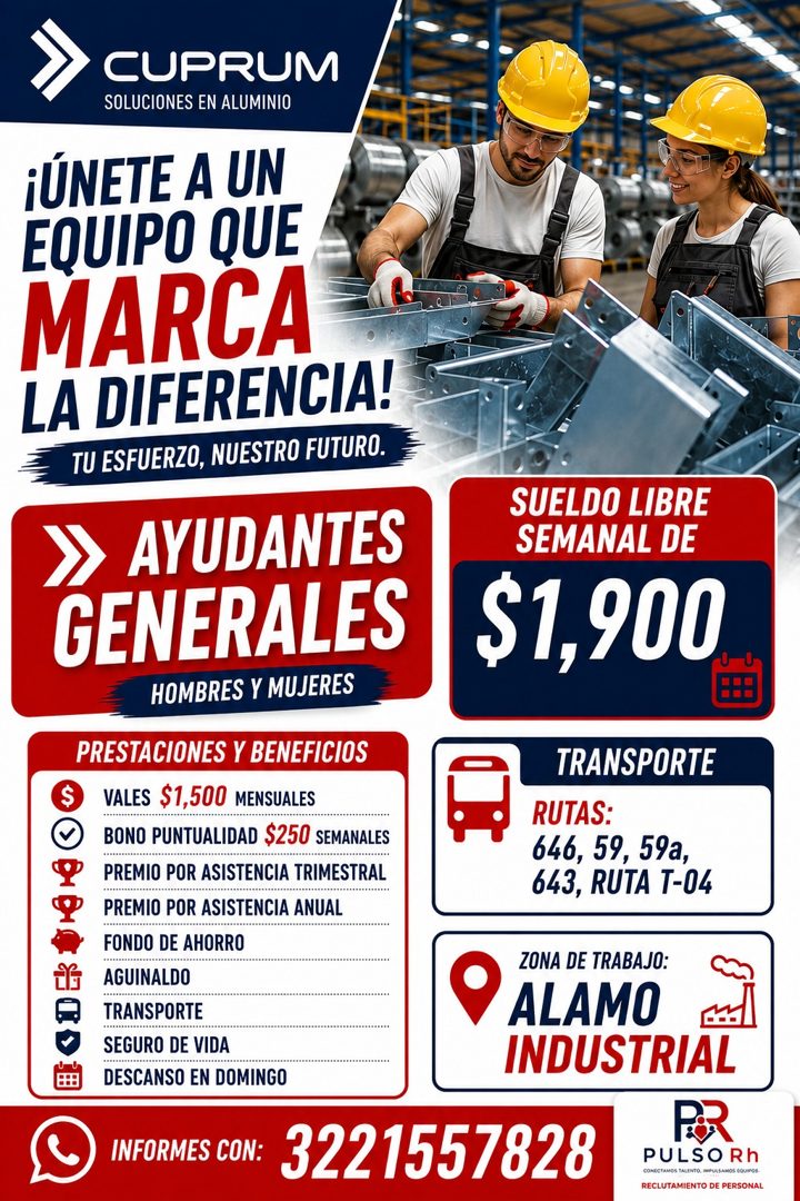 Banner del anuncio de la vacante: CUPRUM · SOLUCIONES EN ALUMINIO · ¡ÚNETE A UN · EQUIPO QUE · MARCA · LA DIFERENCIA! · TU ESFUERZO, NUESTRO FUTURO. · AYUDANTES · GENERALES ·