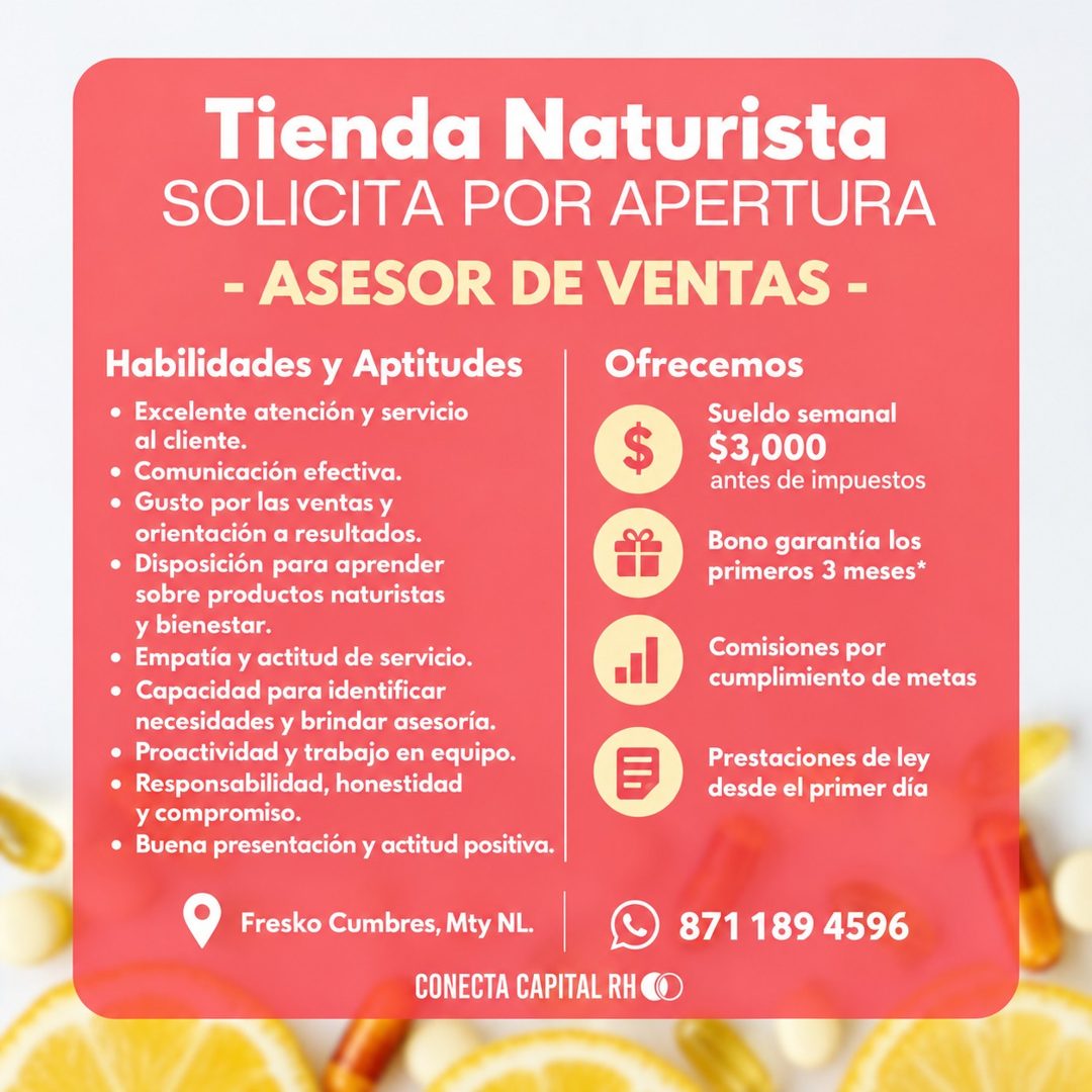 Banner del anuncio de la vacante: Tienda Naturista · SOLICITA POR APERTURA · - ASESOR DE VENTAS - · Habilidades y Aptitudes · • Excelente atención y servicio · al cliente. · 