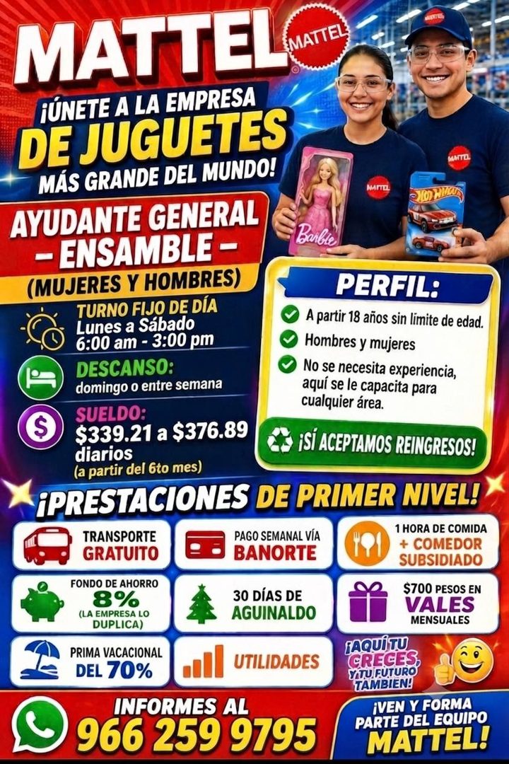 Banner del anuncio de la vacante: MATTELATE · ¡ÚNETE A LA EMPRESA · DE JUGUETES · MÁS GRANDE DEL MUNDO! · MATTEL · 10H · AYUDANTE GENERAL · - ENSAMBLE - · Barbie · (MUJERES Y