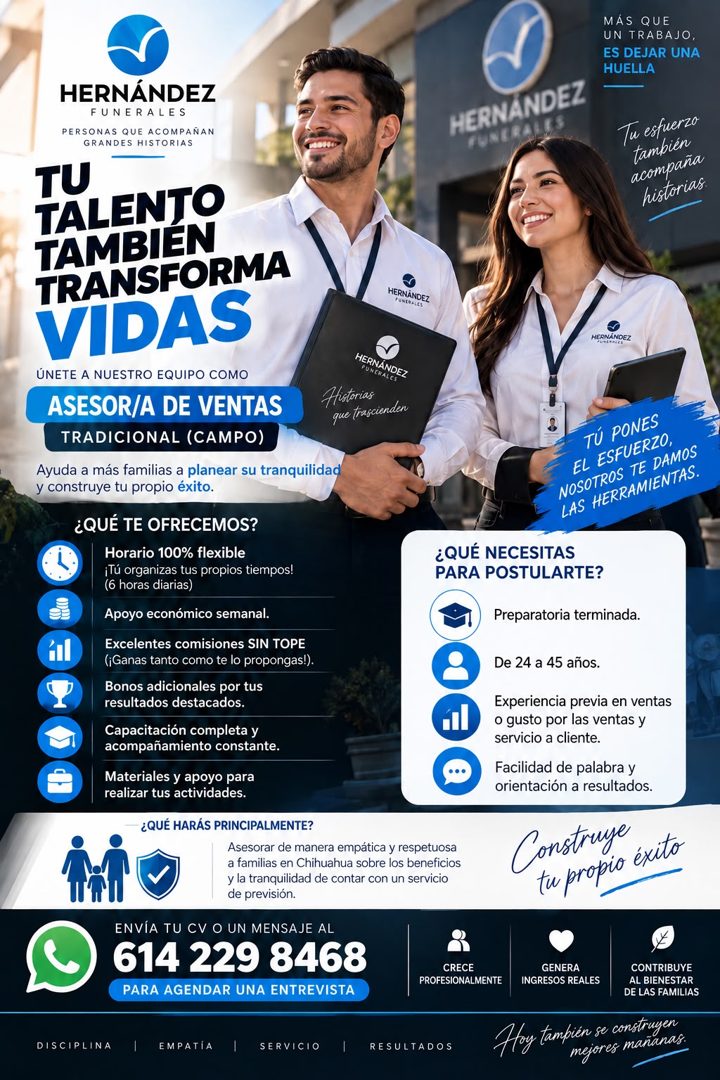 Banner del anuncio de la vacante: HERNÁNDEZ · FUNERALES · PERSONAS QUE ACOMPANAN · GRANDES HISTORIAS · TU · TALENTO · TAMBIEN · TRANSFORMA · VIDAS · UNETE A NUESTRO EQUIPO CO