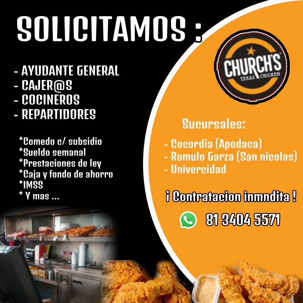 Banner del anuncio de la vacante: SOLICITAMOS : · - AYUDANTE GENERAL · - CAUEROS · - COCINEROS · - REPARTIDORES · *Comedo e/ subsidio · *Sueldo semanal · *Prestaciones de ley