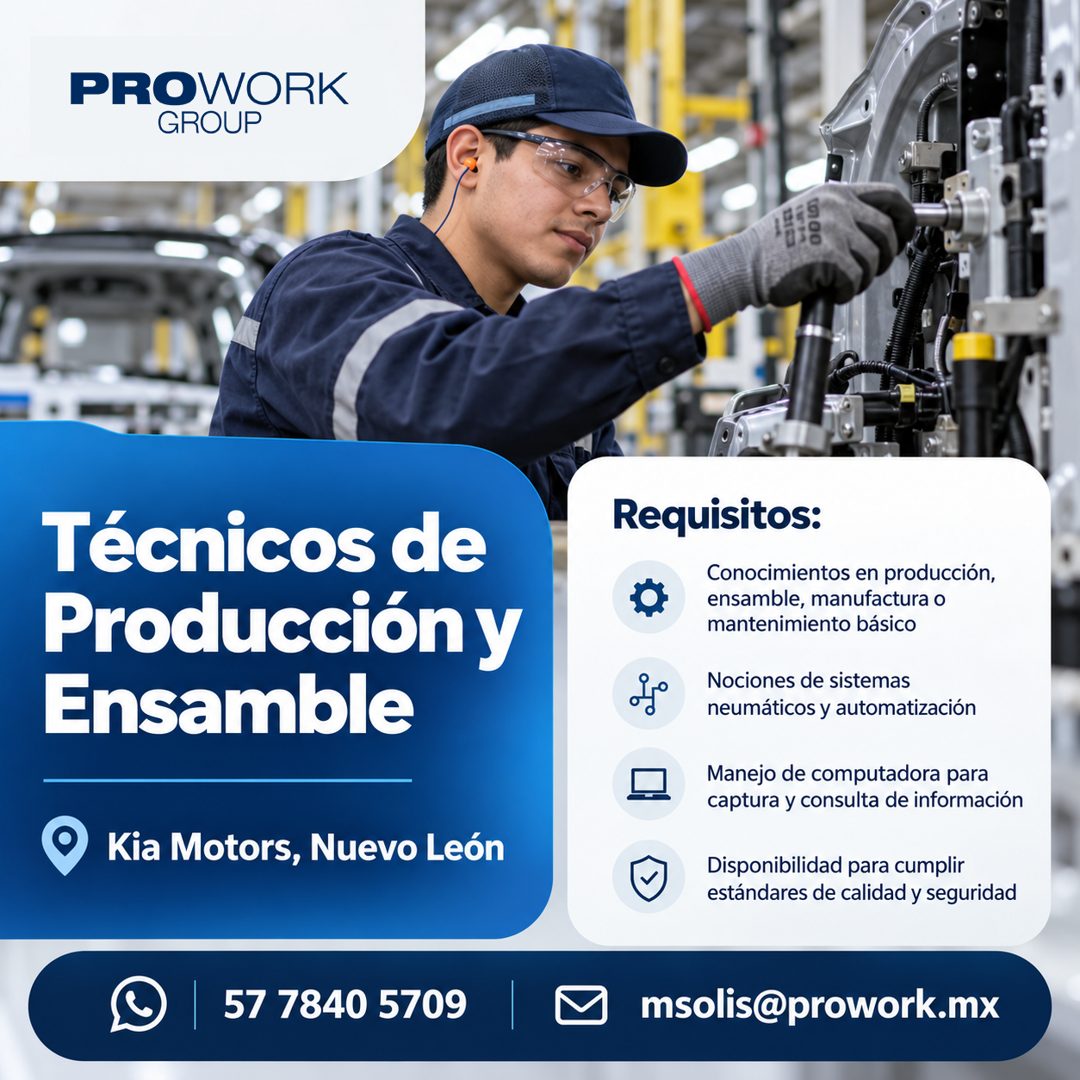Banner del anuncio de la vacante: PROWORK · GROUP · Técnicos de · Producción y · Ensamble · Kia Motors, Nuevo León · 57 7840 5709 · 10100 · Requisitos: · Conocimientos en pro