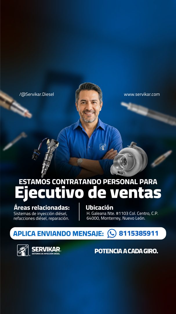 Banner del anuncio de la vacante: /@Servikar.Diesel · www.servikar.com · ESTAMOS CONTRATANDO PERSONAL PARA · Ejecutivo de ventas · Áreas relacionadas: · Ubicación · Sistemas 