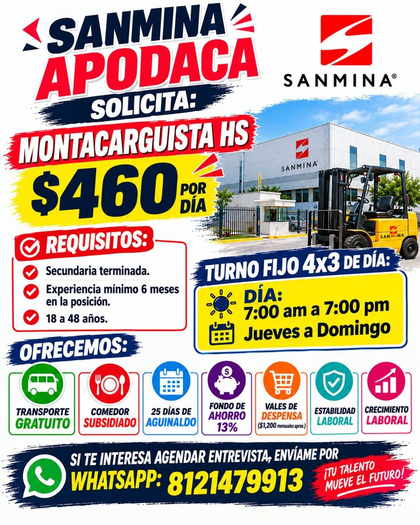Banner del anuncio de la vacante: ‹ SANMINA · APODACA · APODACA · SOLICITA: · MONTACARGUISTA HS · $460 BA · REQUISITOS: · Secundaria terminada. · Experiencia mínimo 6 meses ·