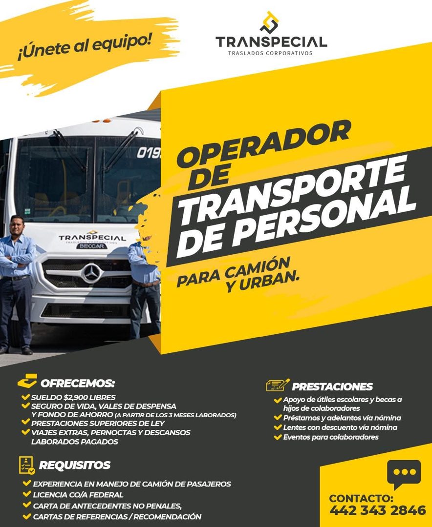 Banner del anuncio de la vacante: ¡Únete al equipo! · TRANSPECIAL · TRASLADOS CORPORATIVOS · 019 · TRANSPECIAL · OPERADOR · DE · TRANSPORTE · DE PERSONAL · PARA CAMIÓN · Y UR