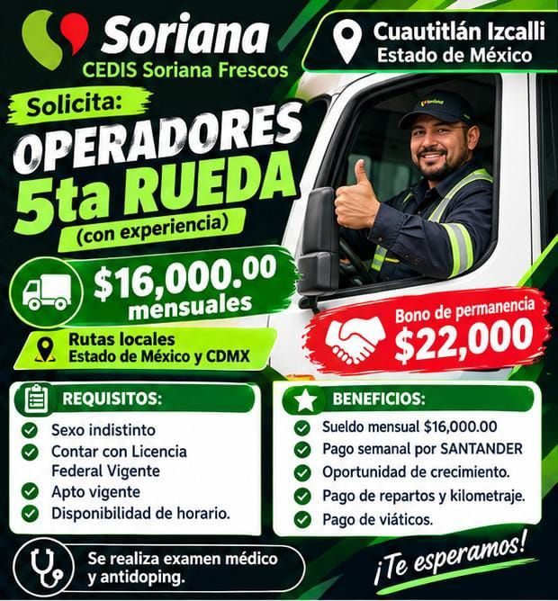 Banner del anuncio de la vacante: Soriana · CEDIS Soriana Frescos · Solicita: · OPERADORES · 5ta RUEDA · (con experiencia) · $16,000.00 · mensuales · Rutas locales · Estado d