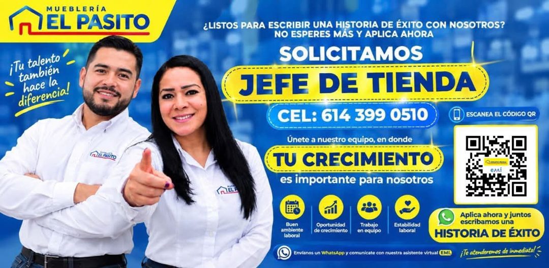 Banner del anuncio de la vacante: MUEBLERÍA · EL PASITO · ¡Tu talento · también · hace la · diferencia! · TALL PSiTO · ¿LISTOS PARA ESCRIBIR UNA HISTORIA DE ÉXITO CON NOSOTRO