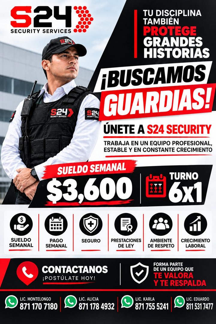 Banner del anuncio de la vacante: S24 · SECURITY SERVICES · S24 · SECURITY SERVICES · TU DISCIPLINA · TAMBIEN · PROTEGE · GRANDES · HISTORIAS · ¡BUSCAMOS · S24 · SEQUATY STID
