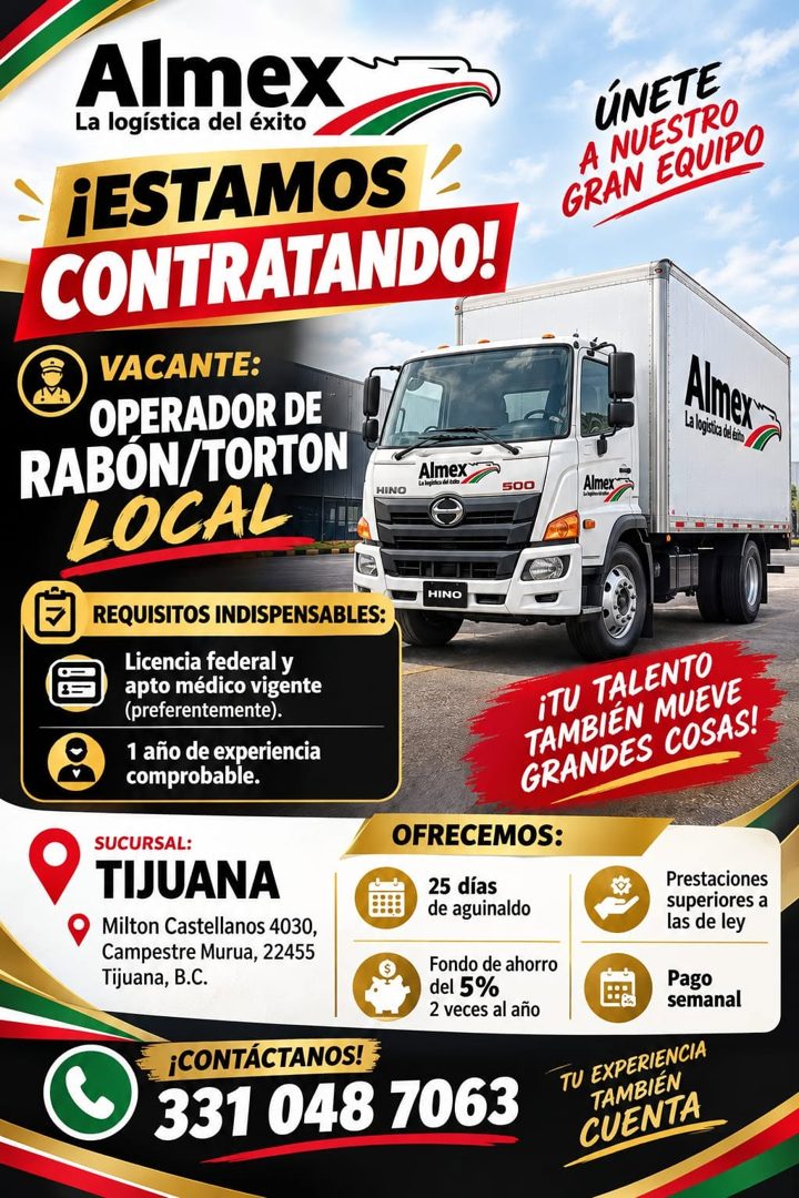 Banner del anuncio de la vacante: Almex · La logística del éxito · ¡ESTAMOS - · CONTRATANDO! · VACANTE: · OPERADOR DE · RABON/TORTON · LOCAL · Almex · La logicica del trio · 