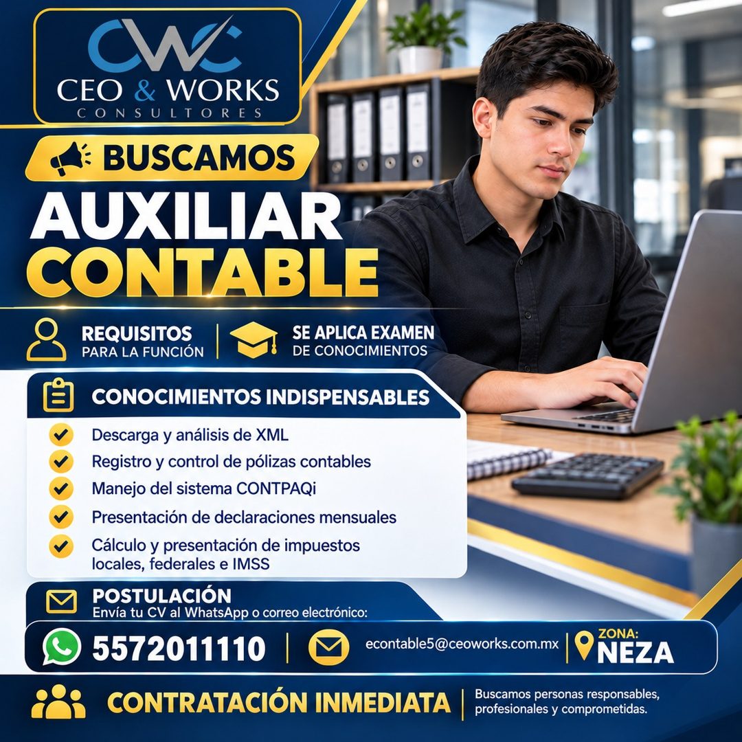Banner del anuncio de la vacante: CWC · CEO & WORKS · CONS · ULTORES · S: BUSCAMOS · AUXILIAR · CONTABLE · REQUISITOS · PARA LA FUNCIÓN · SE APLICA EXAMEN · DE CONOCIMIENTOS 