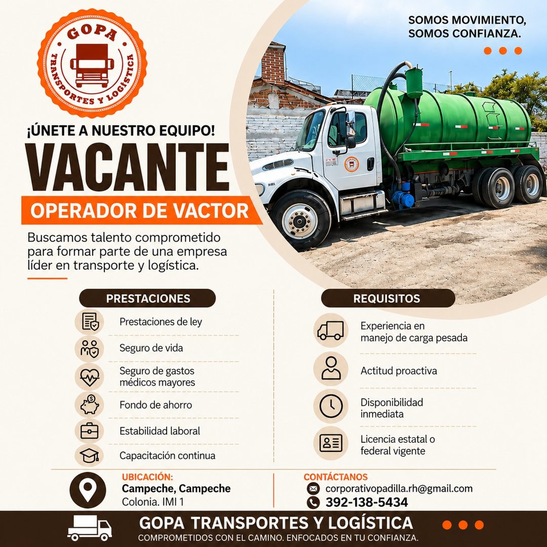Banner del anuncio de la vacante: GOPA · SOMOS MOVIMIENTO, · SOMOS CONFIANZA. · ¡ÚNETE A NUESTRO EQUIPO! · VACANTE · OPERADOR DE VACTOR · ntat · Buscamos talento comprometido