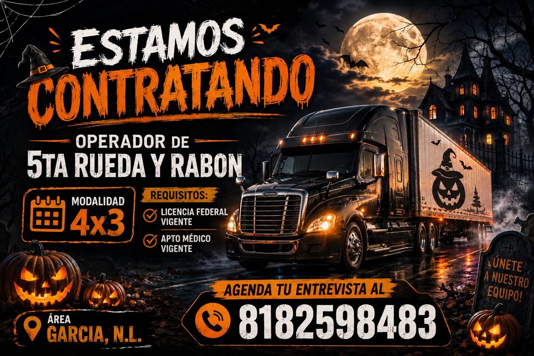 Banner del anuncio de la vacante: ESTAMOS · CONTRATANDO · OPERADOR DE · 5TA RUEDA Y RABON · REQUISITOS: · MODALIDAD · 4x3 · LICENCIA FEDERAL · VIGENTE · & APTO MÉDICO · VIGEN