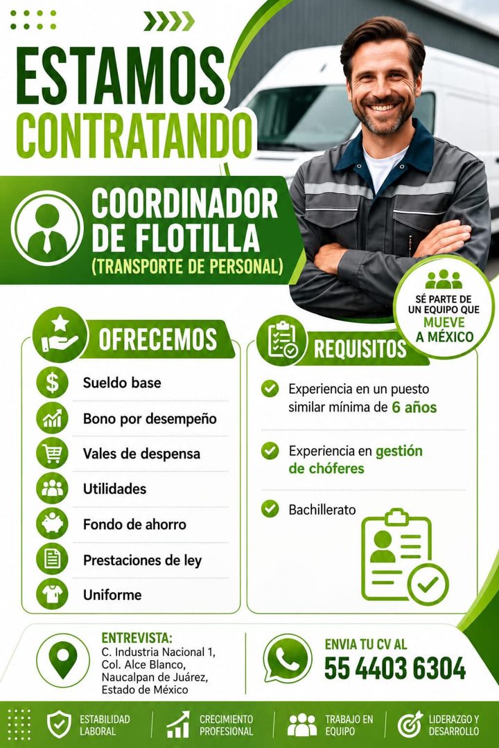 Banner del anuncio de la vacante: ESTAMOS · CONTRATANDO · COORDINADOR · DE FLOTILLA · (TRANSPORTE DE PERSONAL) · SÉ PARTE DE · UN EQUIPO QUE · MUEVE · A MÉXICO · $ · OFRECEMO