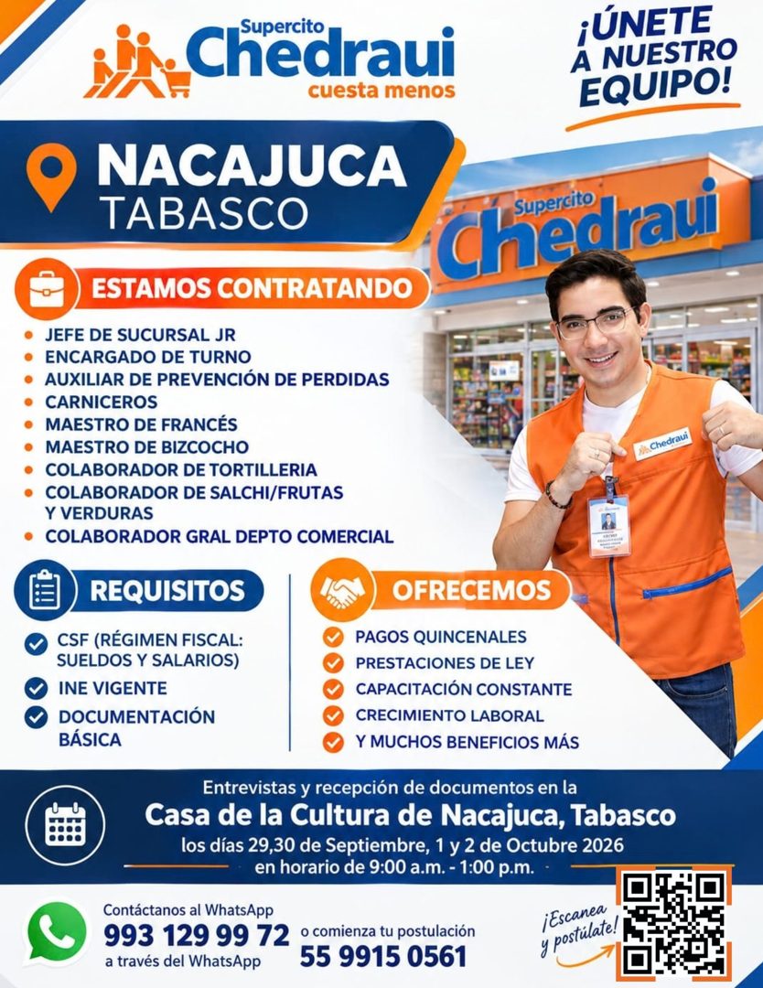 Banner del anuncio de la vacante: Supercito · Chedraui · cuesta menos · ¡ÚNETE · A NUESTRO · EQUIPO! · NACAJUCA · TABASCO · Supercito · Chedraui · ESTAMOS CONTRATANDO · • JEF