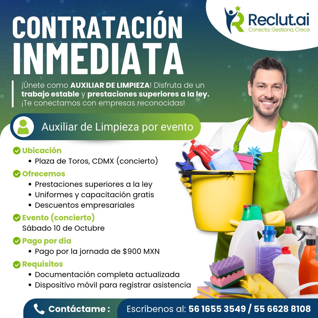 Banner del anuncio de la vacante: CONTRATACIÓN · INMEDIATA · ¡Únete como AUXILIAR DE LIMPIEZA! Disfruta de un · trabajo estable y prestaciones superiores a la ley. · I ¡Te co