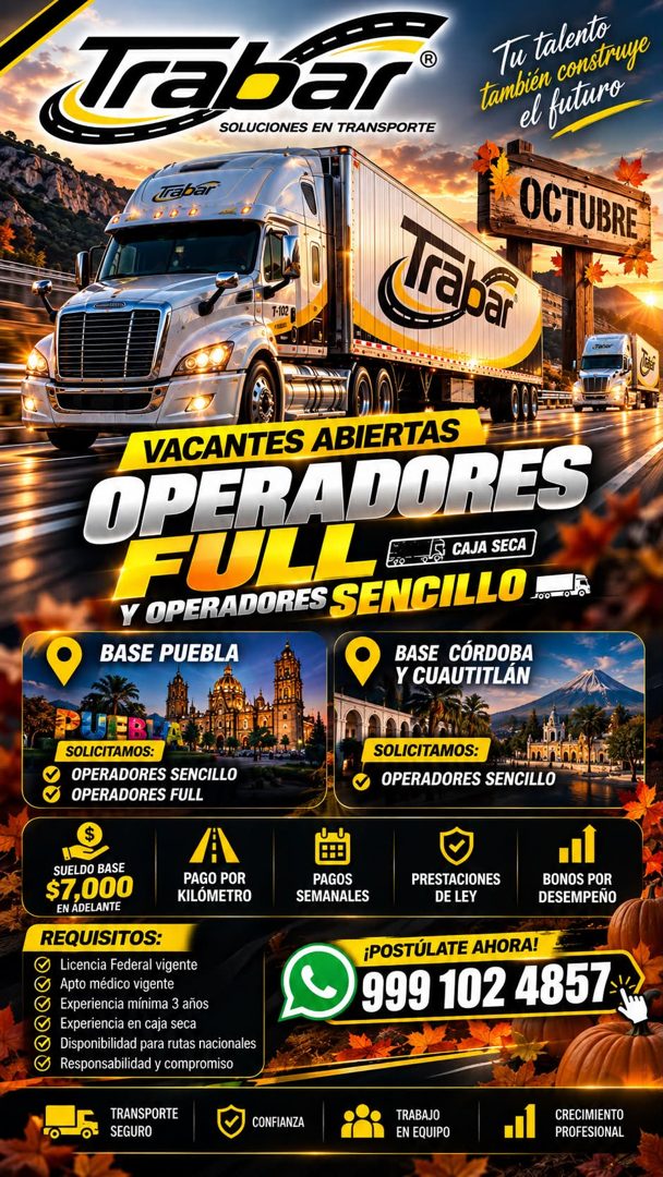 Banner del anuncio de la vacante: trabar® · SOLUCIONES EN TRANSPORTE · Tu talento · también construye · el futuro · Trabar · 7-102 P · OCTUBRE · Loba · VACANTES ABIERTAS · OP