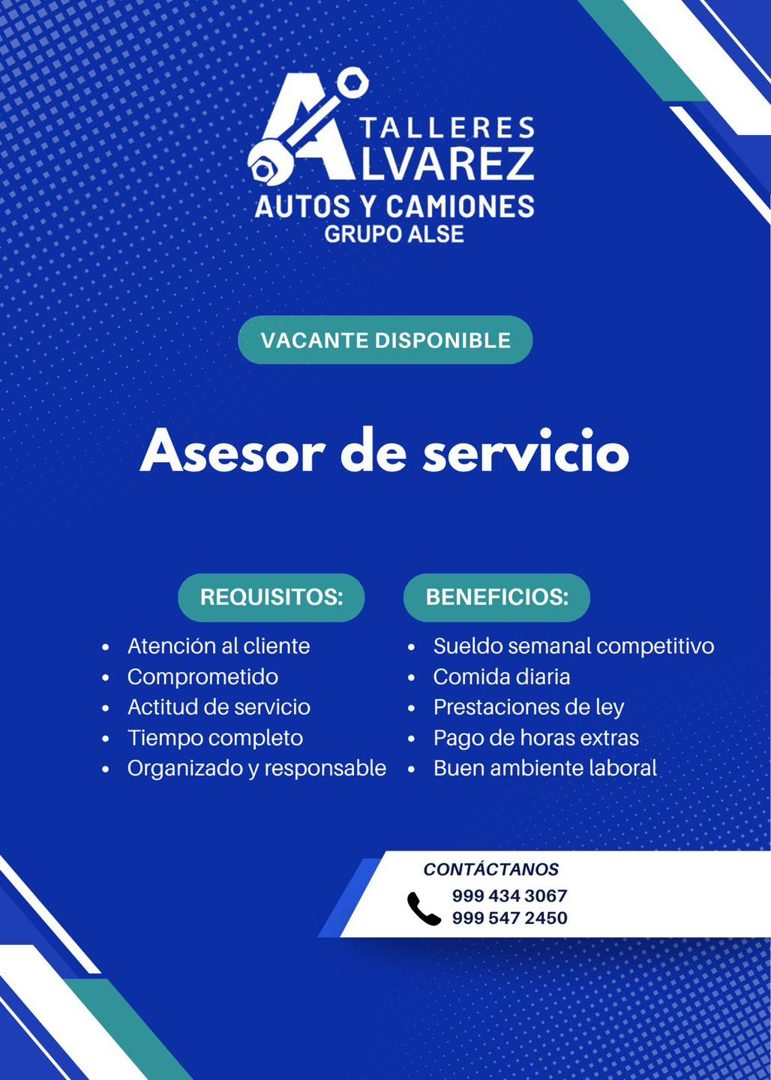 Banner del anuncio de la vacante: E TALLERES · EVAREZ · AUTOS Y CAMIONES · GRUPO ALSE · VACANTE DISPONIBLE · Asesor de servicio · REQUISITOS: · BENEFICIOS: · • Atención al cl