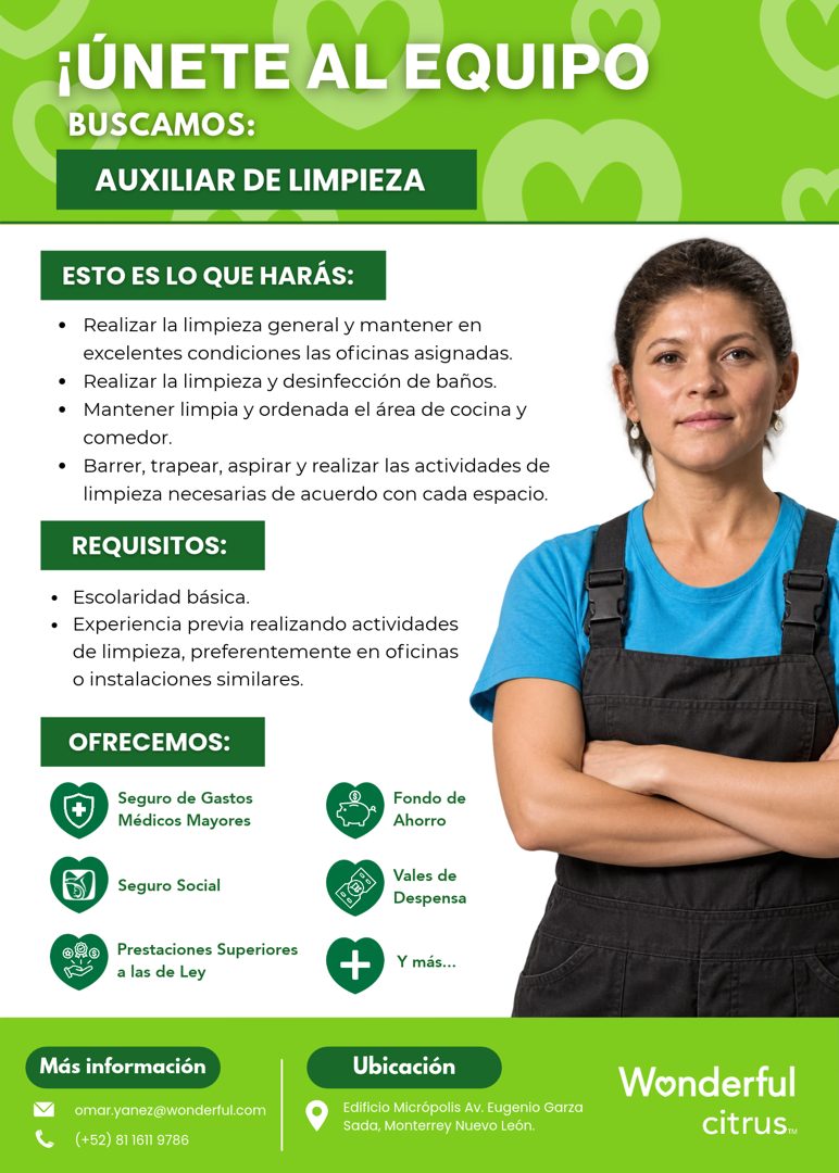 Banner del anuncio de la vacante: ¡UNETE AL EQUIPO · BUSCAMOS: · AUXILIAR DE LIMPIEZA · ESTO ES LO QUE HARÁS: · • Realizar la limpieza general y mantener en · excelentes cond
