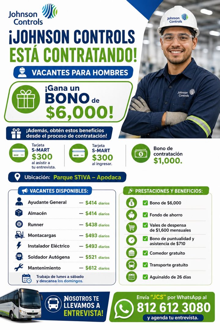 Banner del anuncio de la vacante: Johnson · Controls · ¡JOHNSON CONTROLS · ESTÁ CONTRATANDO! · VACANTES PARA HOMBRES · ¡Gana un · BONO de · $6,000! · ¡Además, obtén estos ben