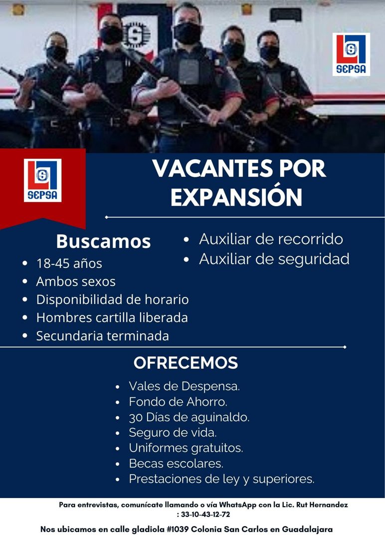 Banner del anuncio de la vacante: SEPSA · SEPSA · VACANTES POR · EXPANSIÓN · • Auxiliar de recorrido · • Auxiliar de seguridad · Buscamos · • 18-45 años · • Ambos sexos · • D