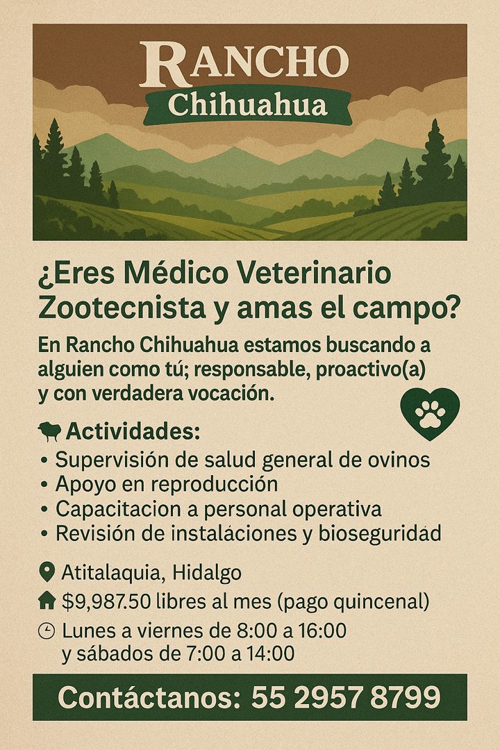 Banner del anuncio de la vacante: RANCHO · Chihuahua · ¿Eres Médico Veterinario · Zootecnista y amas el campo? · En Rancho Chihuahua estamos buscando a · alguien como tú; res