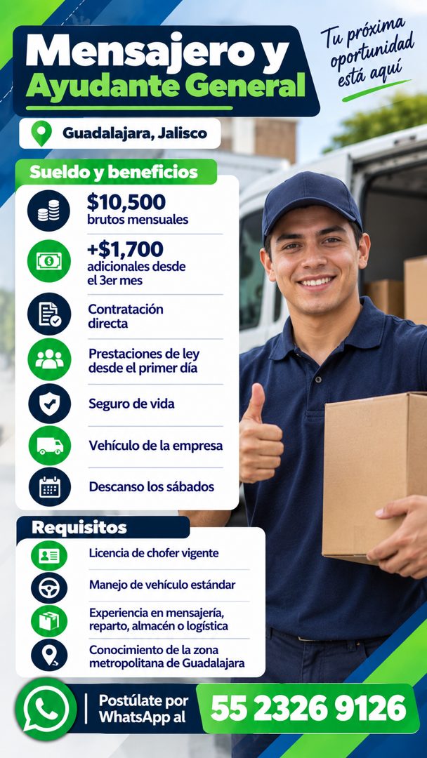 Banner del anuncio de la vacante: Mensajero y · Ayudante General · Guadalajara, Jalisco · Sueldo y beneficios · $10,500 · brutos mensuales · +$1,700 · adicionales desde · el 