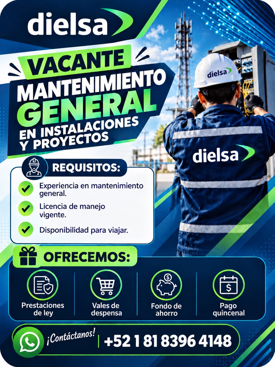 Banner del anuncio de la vacante: dielsa · VACANTE · MANTENIMIENTO · GENERAL · EN INSTALACIONES · Y PROYECTOS · REQUISITOS: · Experiencia en mantenimiento · general. · Licenc