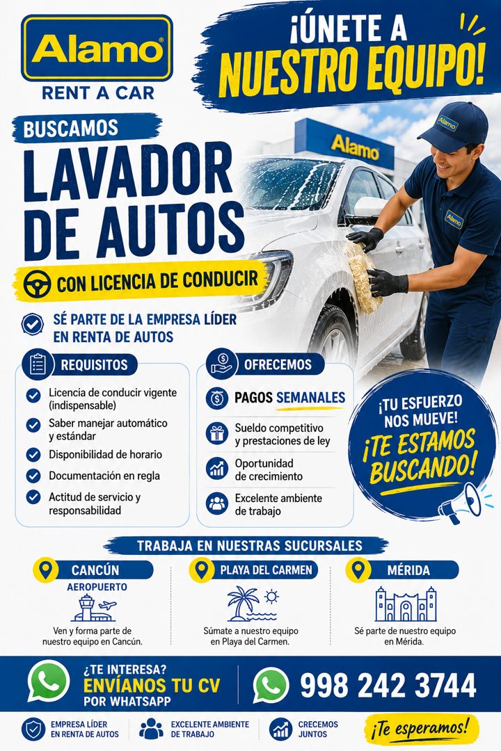 Banner del anuncio de la vacante: Alamo · RENT A CAR · BUSCAMOS · LAVADOR · DE AUTOS · CON LICENCIA DE CONDUCIR · SÉ PARTE DE LA EMPRESA LÍDER · EN RENTA DE AUTOS · REQUISITO